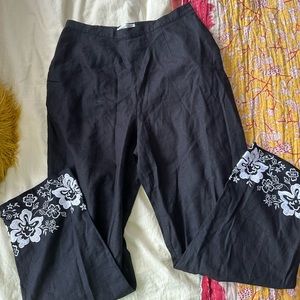 Vintage Coldwater Creek, black linen pants with embroidered bottoms